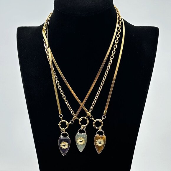 Aventurine Gemstone Heart Evil Eye Pendant Necklace 18K Gold Plated Chain 19" - Picture 6 of 9